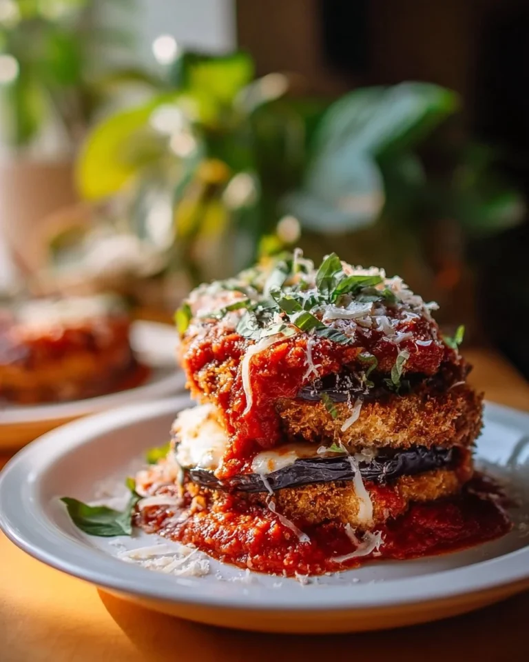 Baked eggplant Parmesan with marinara sauce served in a dish