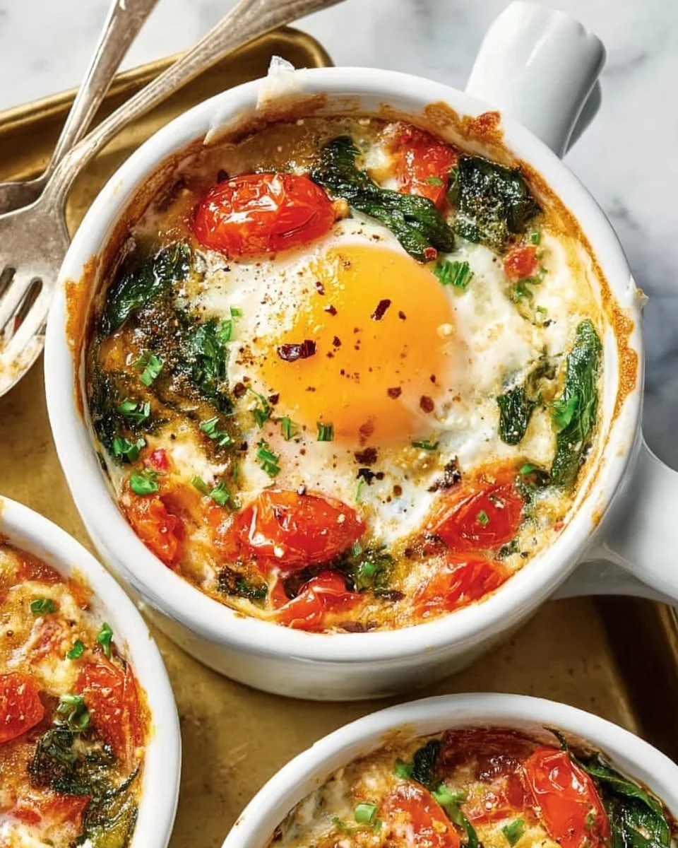 Baked feta eggs served with fresh tomatoes and spinach in a rustic dish