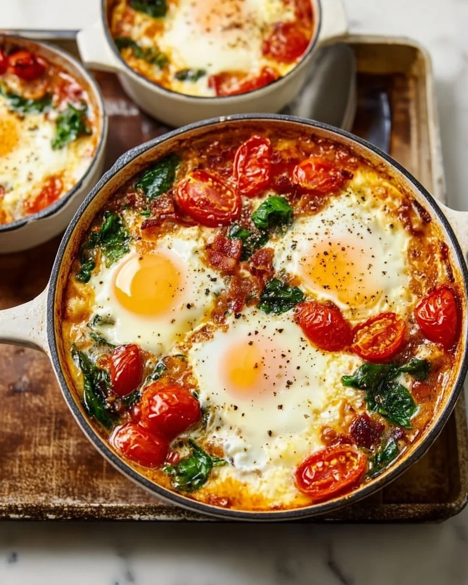Baked Feta Eggs with Tomatoes and Spinach