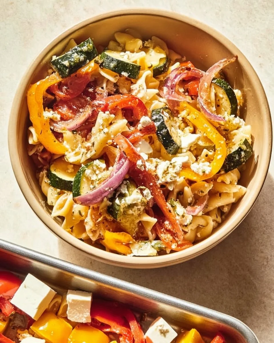 Baked feta pasta dish with tomatoes and herbs