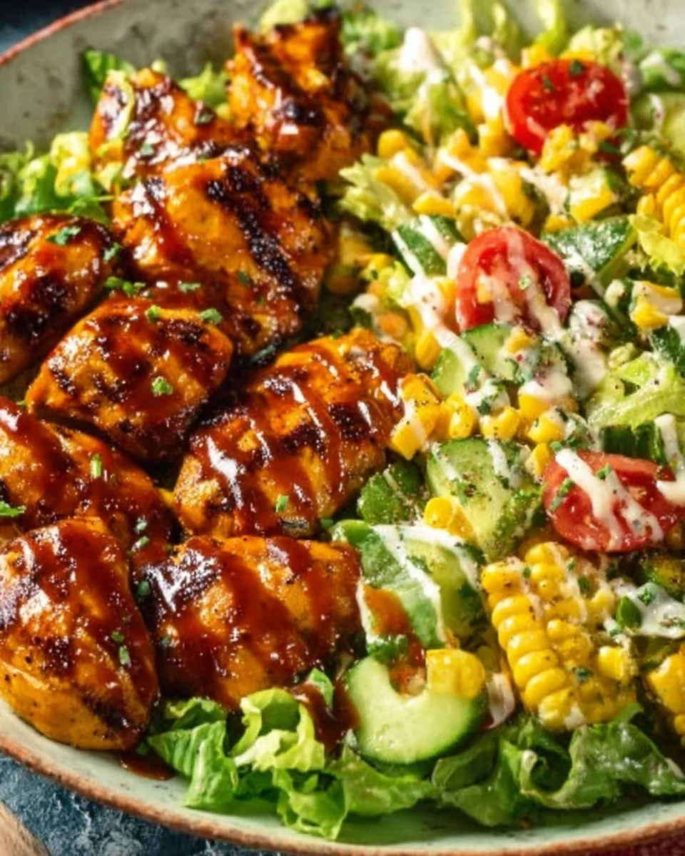 BBQ chicken skewer salad with vibrant vegetables and grilled chicken.