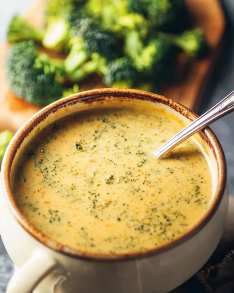 Creamy Broccoli Cheddar Soup in a bowl with fresh ingredients