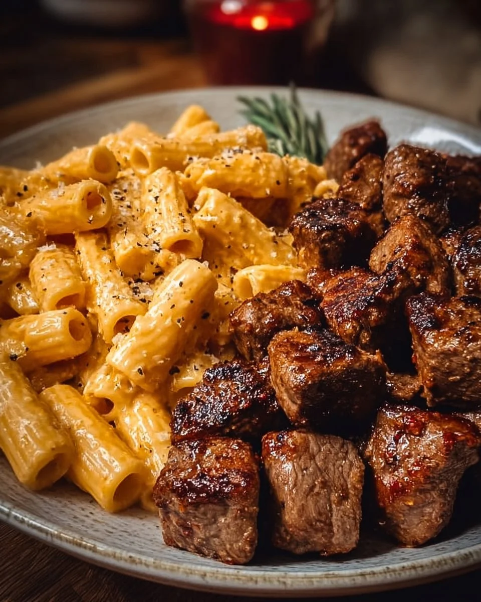 Cajun Steak Tips with Cheesy Rigatoni