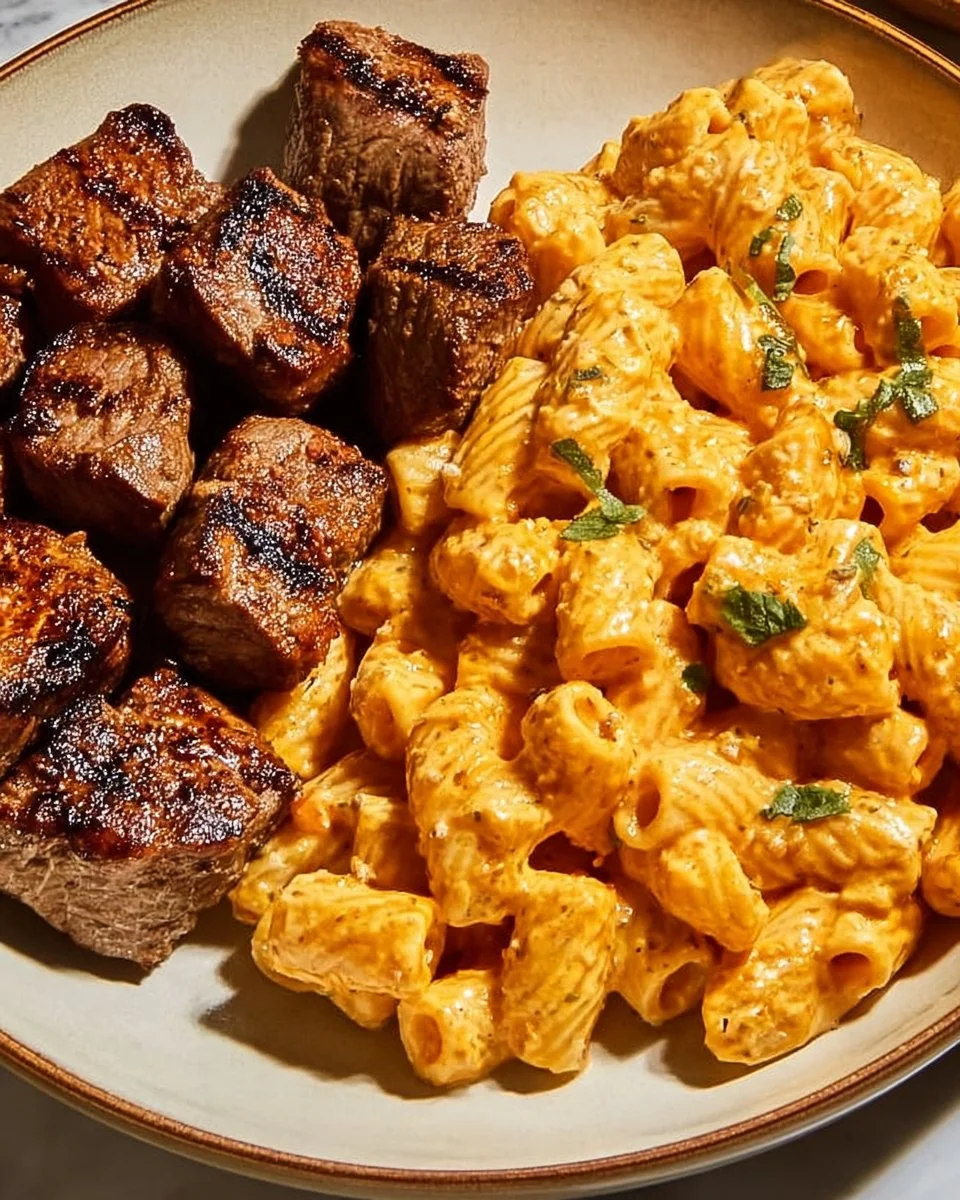 Cajun Steak Tips with Cheesy Rigatoni