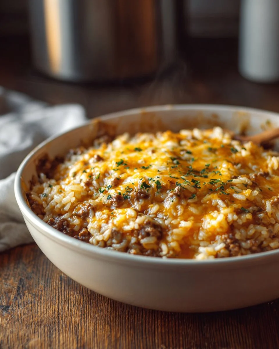Cheesy Ground Beef and Rice Casserole