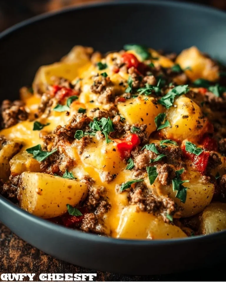 Cheesy Ground Beef and Potato Casserole served in a baking dish