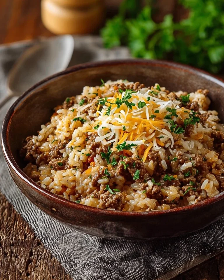 Cheesy hamburger rice casserole baked to perfection with ground beef and cheese