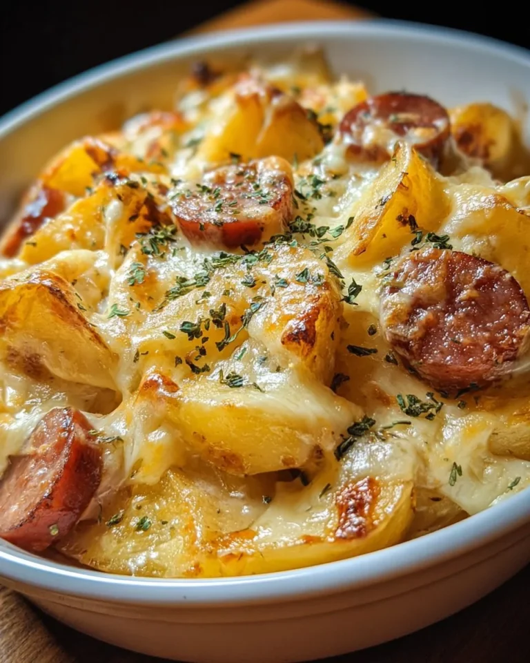 Cheesy ranch potatoes served with smoked sausage in a hearty dish