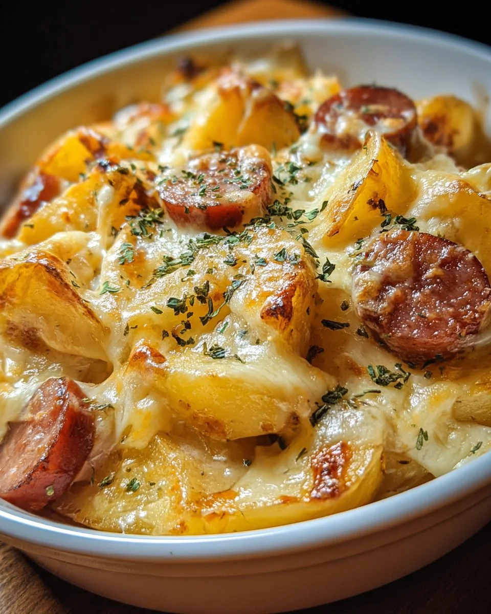 Cheesy ranch potatoes served with smoked sausage in a hearty dish