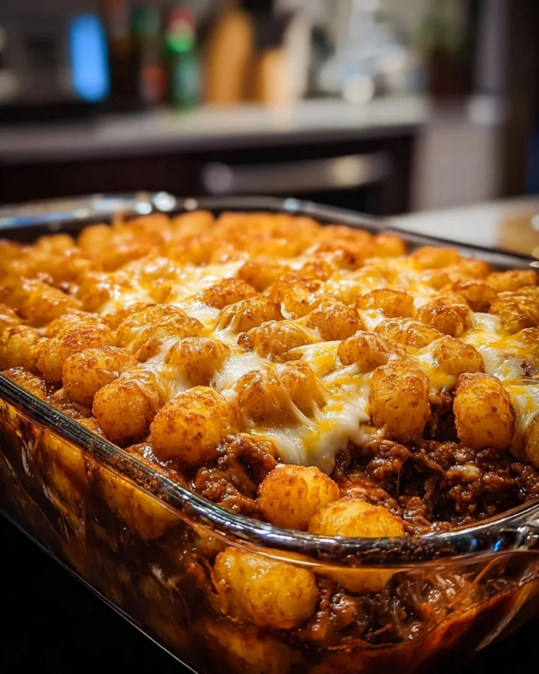 Chili Cheese Tater Tot Casserole baked until golden and cheesy, served in a casserole dish.