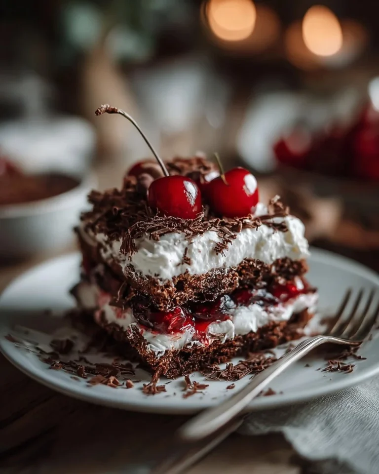 layers of chocolate cherry lush dessert topped with cherries and chocolate