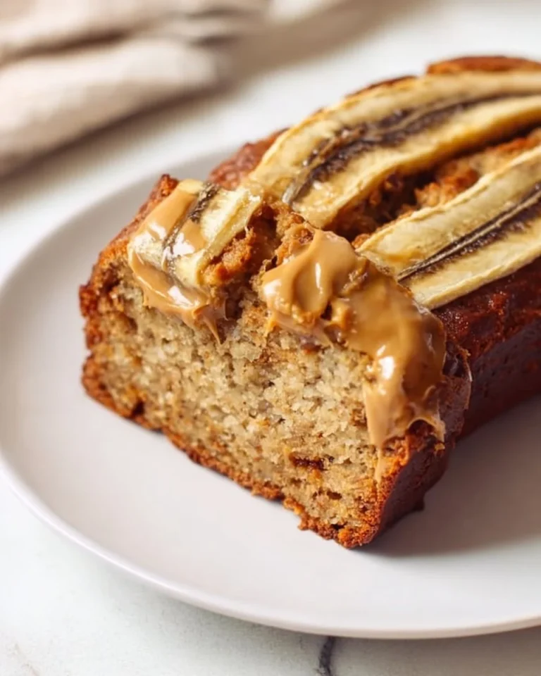 Loaf of classic banana bread topped with sliced bananas and walnuts