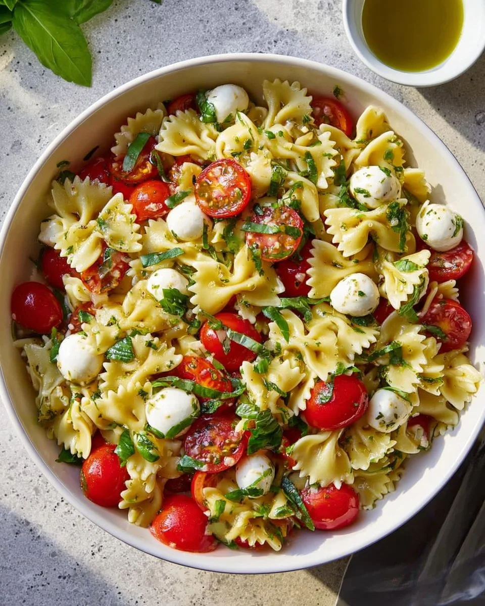 Colorful Bow Tie Pasta Salad with vegetables and dressing