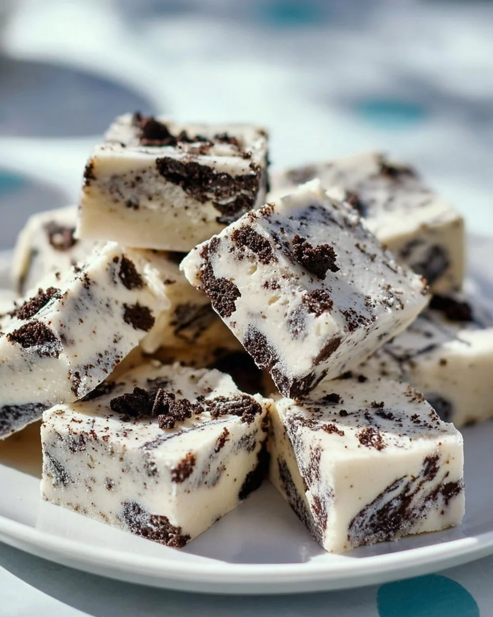 Homemade Cookies and Cream Fudge cut into squares on a white plate