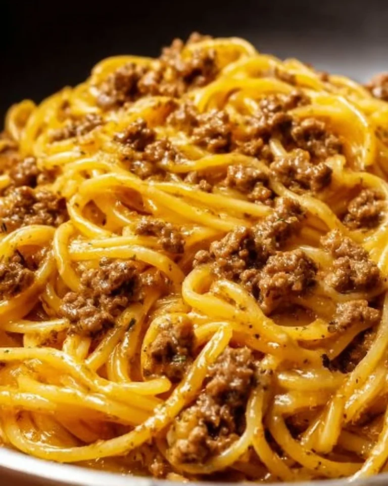 Creamy garlic butter pasta dish garnished with herbs and ground beef