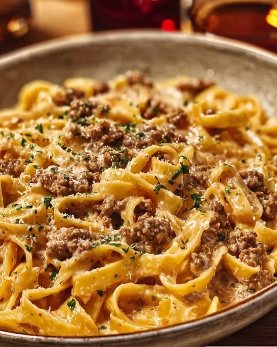 Creamy Garlic Butter Pasta with Ground Beef