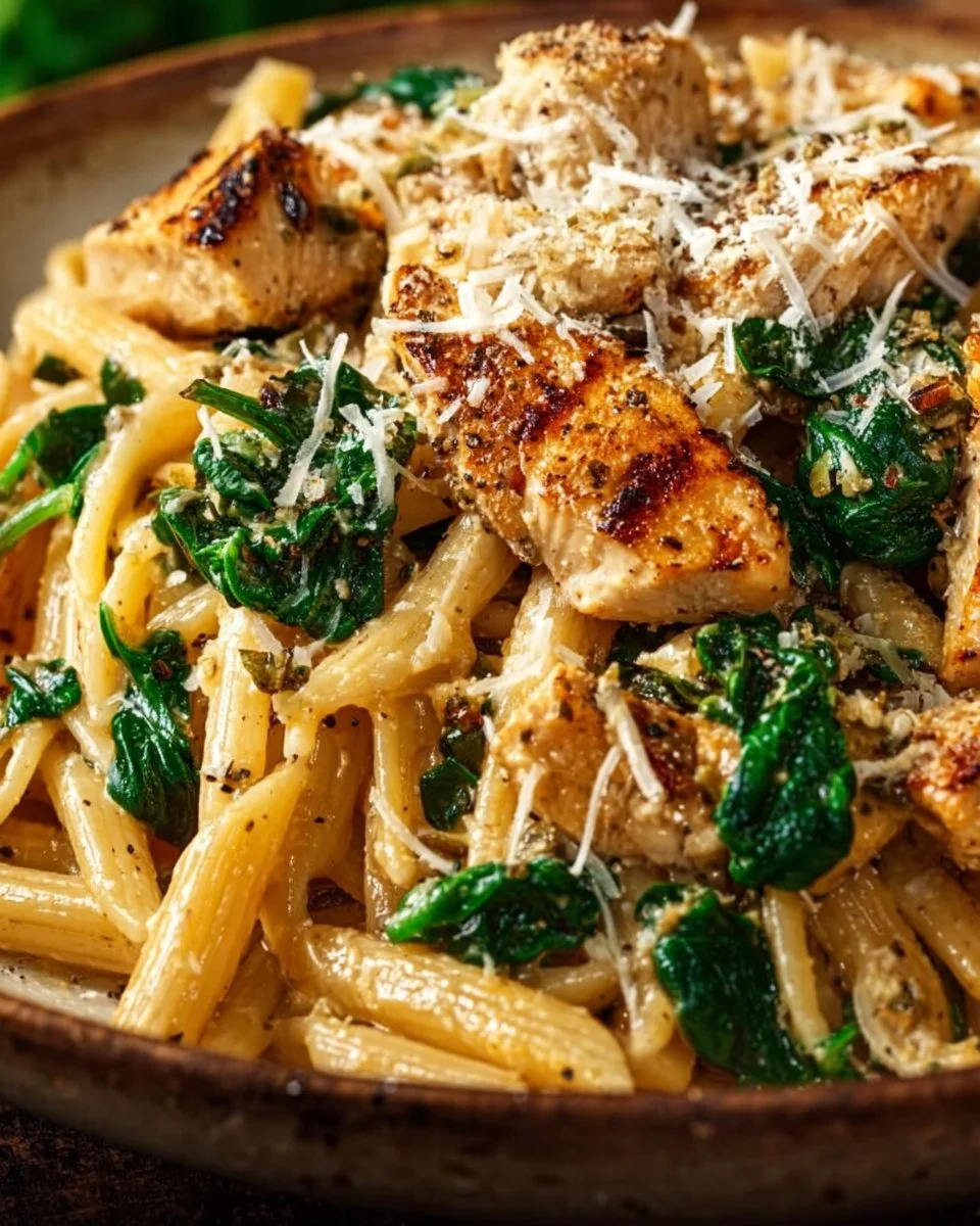 Bowl of creamy garlic parmesan chicken pasta with fresh herbs and cheese