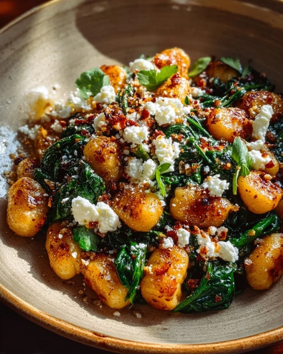 Creamy gnocchi dish with spinach and feta