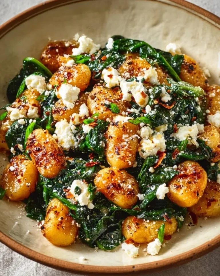 Creamy gnocchi with spinach and feta served in a bowl