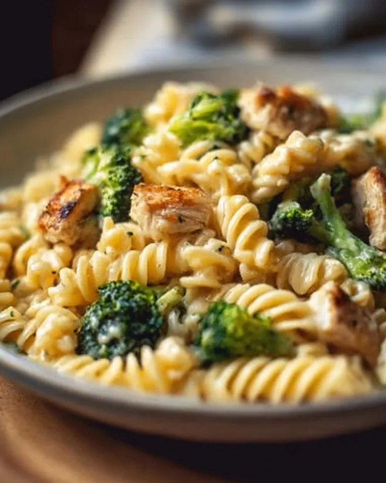 Creamy rotisserie chicken broccoli pasta dish served in a bowl
