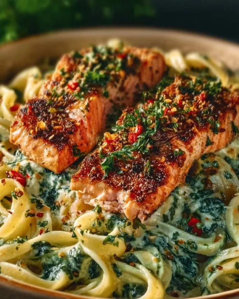 Creamy spinach pasta with hot smoked salmon on a plate