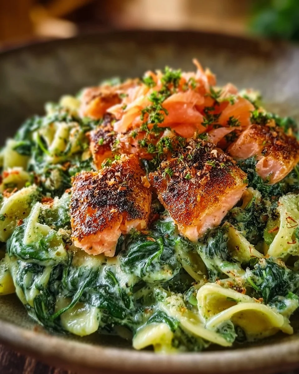 Creamy Spinach Pasta with Hot Smoked Salmon