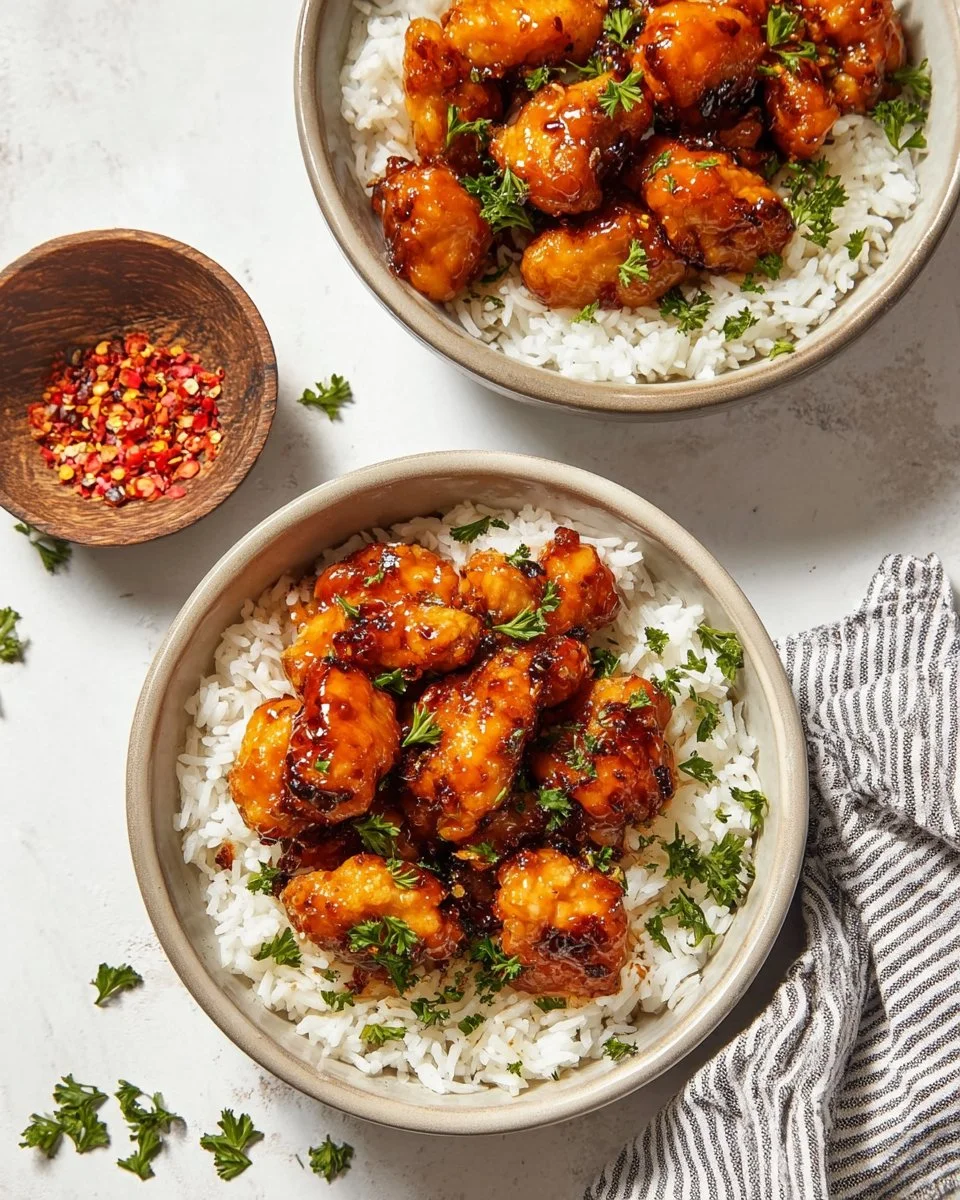 Crispy honey garlic chicken bites served on a plate with fresh garnishes.