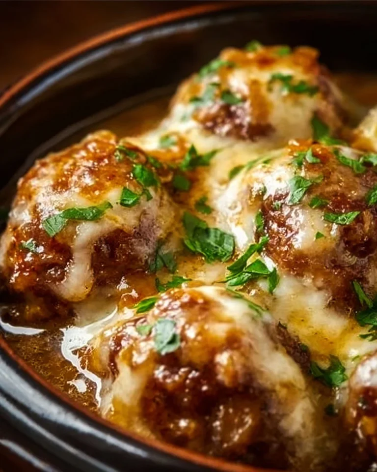 Crockpot French Onion Meatballs served in a bowl with melted cheese on top
