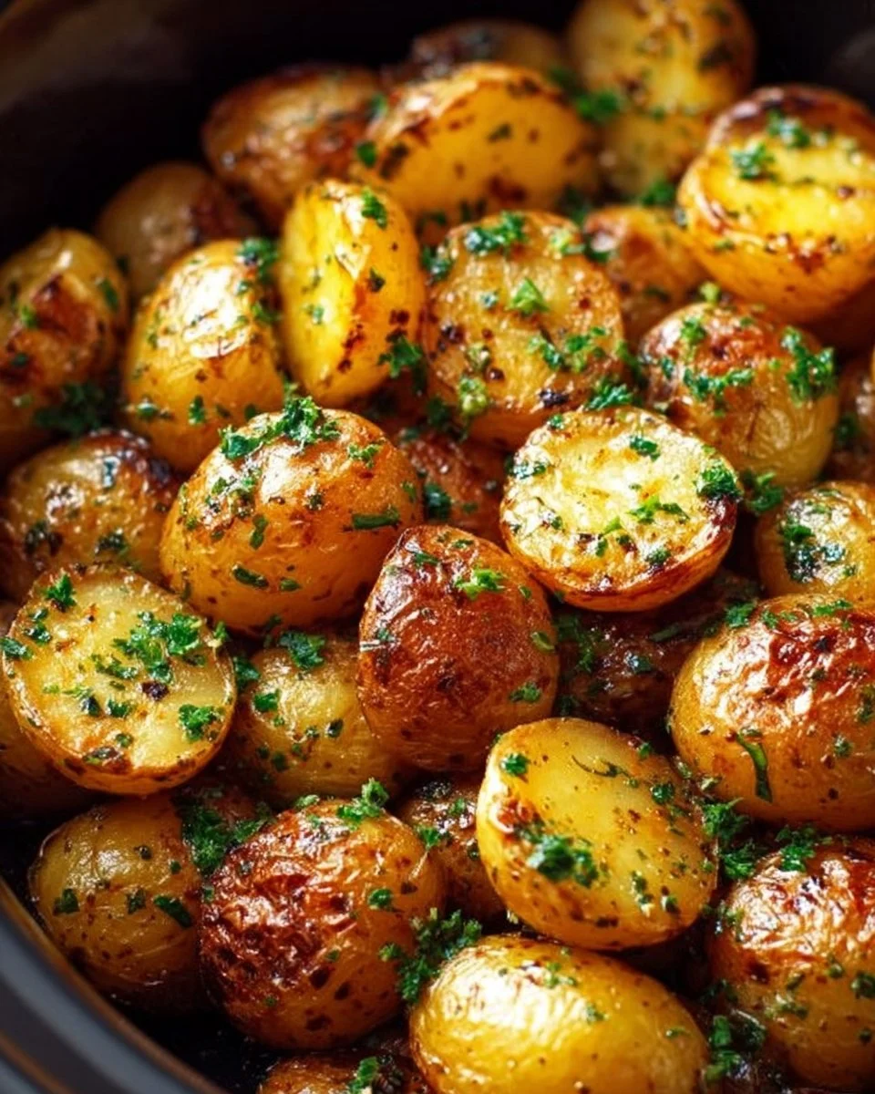 Delicious Crockpot Parmesan Roasted Potatoes garnished with herbs