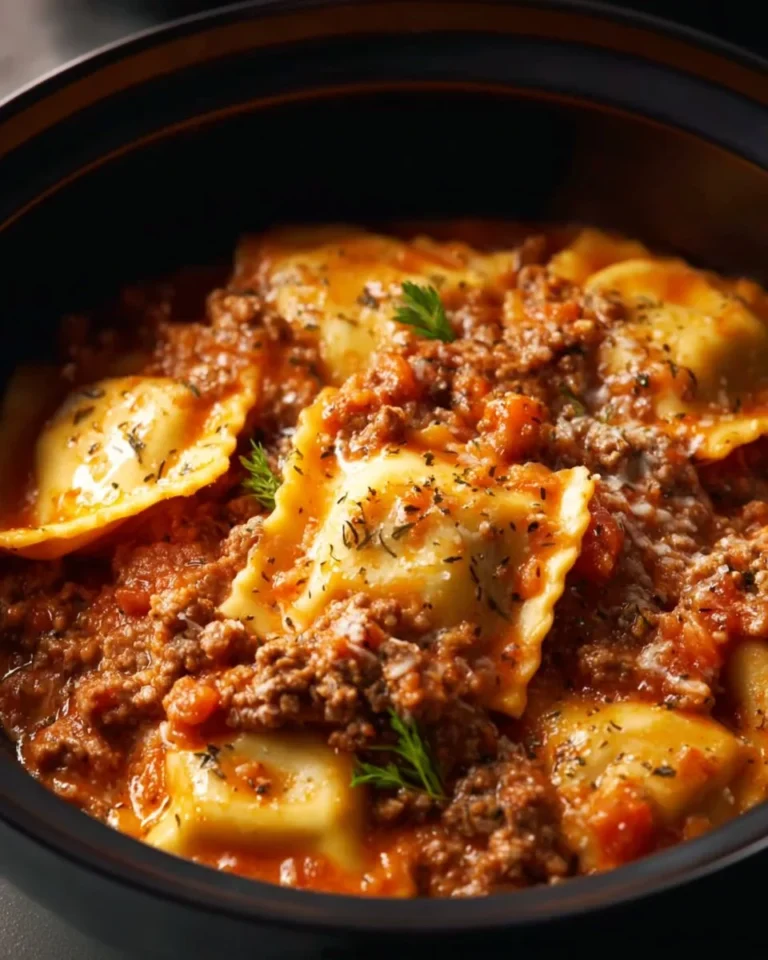 Delicious Crockpot Ravioli Lasagna topped with cheese and herbs in a slow cooker
