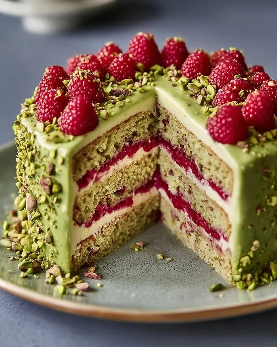 A slice of Pistachio Raspberry Cake topped with fresh raspberries and pistachios.