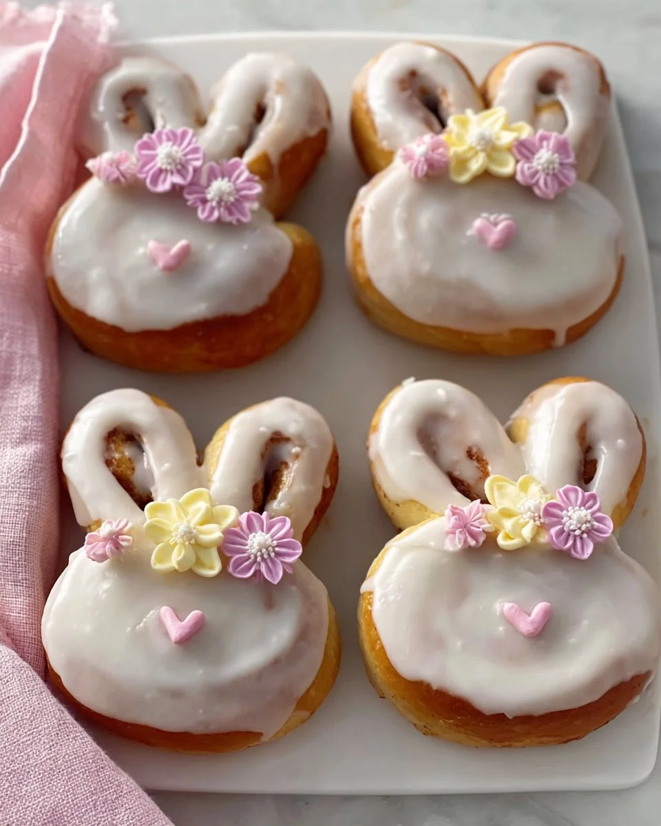 Easter Bunny Cinnamon Rolls topped with icing, shaped like bunny faces
