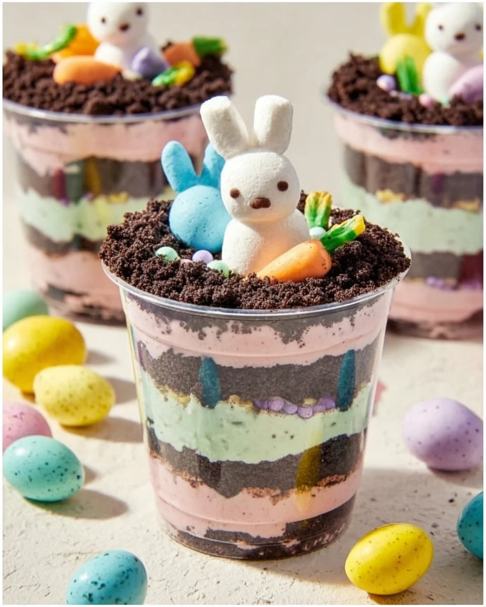 Easter Dirt Cups dessert with chocolate layers and colorful candy toppings