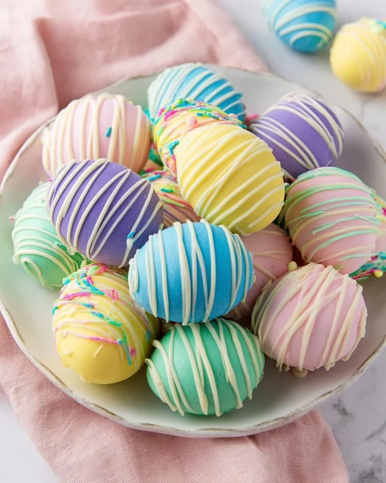 Easter Egg Oreo Cookie Balls decorated in colorful pastel chocolate.