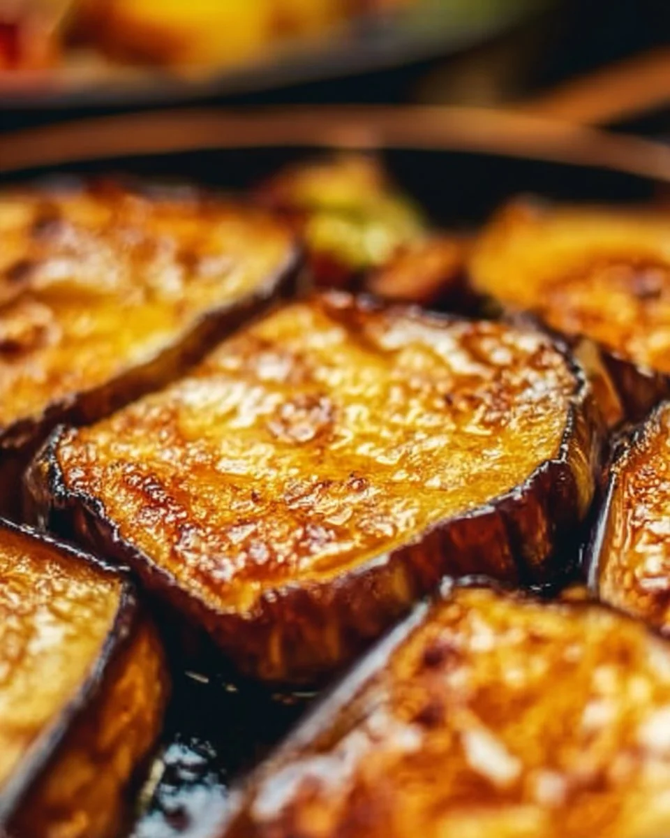 Crispy air fried eggplant slices served in a bowl with herbs