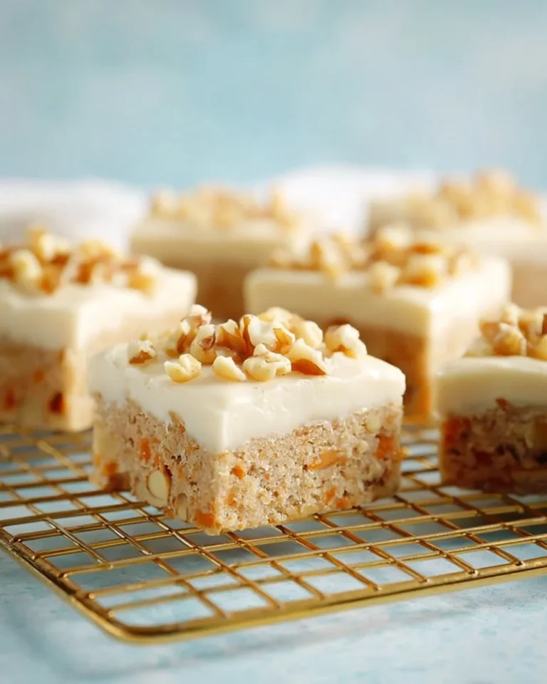 Delicious easy carrot cake bars on a wooden table with cream cheese frosting