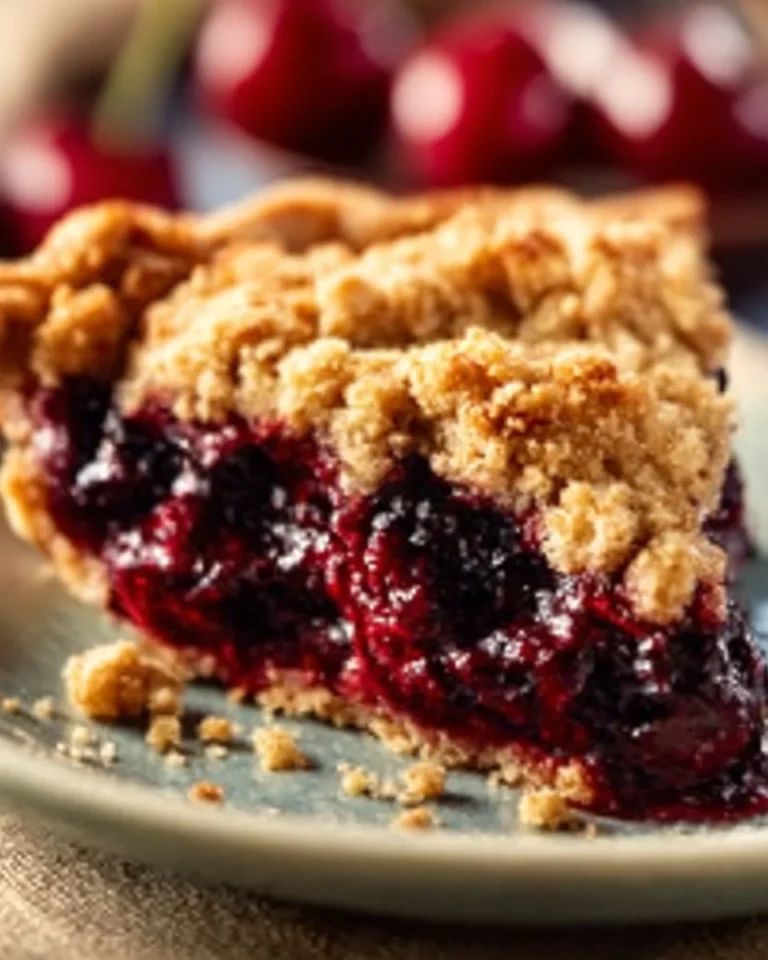 Delicious Easy Cherry Crumb Pie with a golden crumb topping