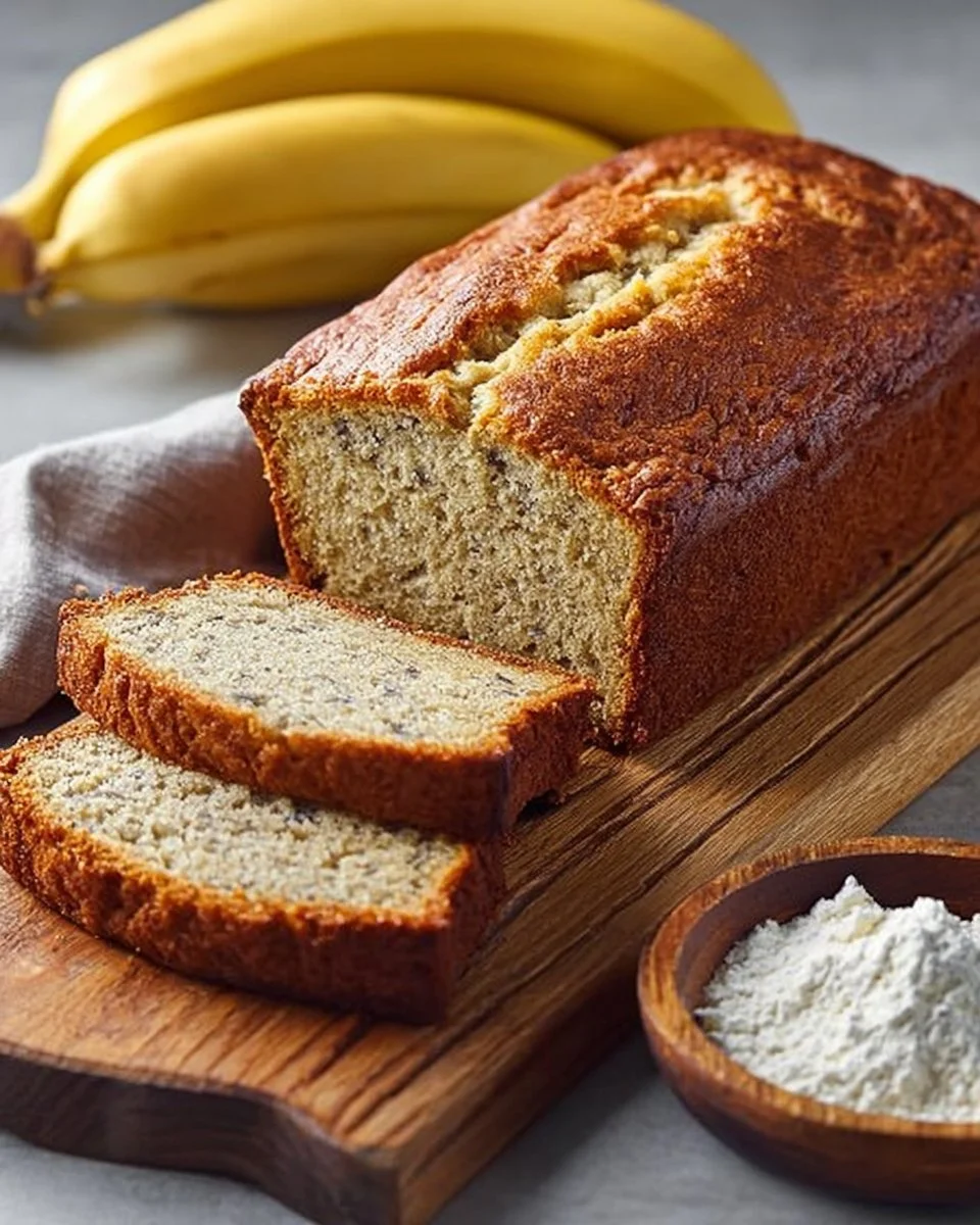 Slice of easy moist banana bread with banana and nuts on a wooden table