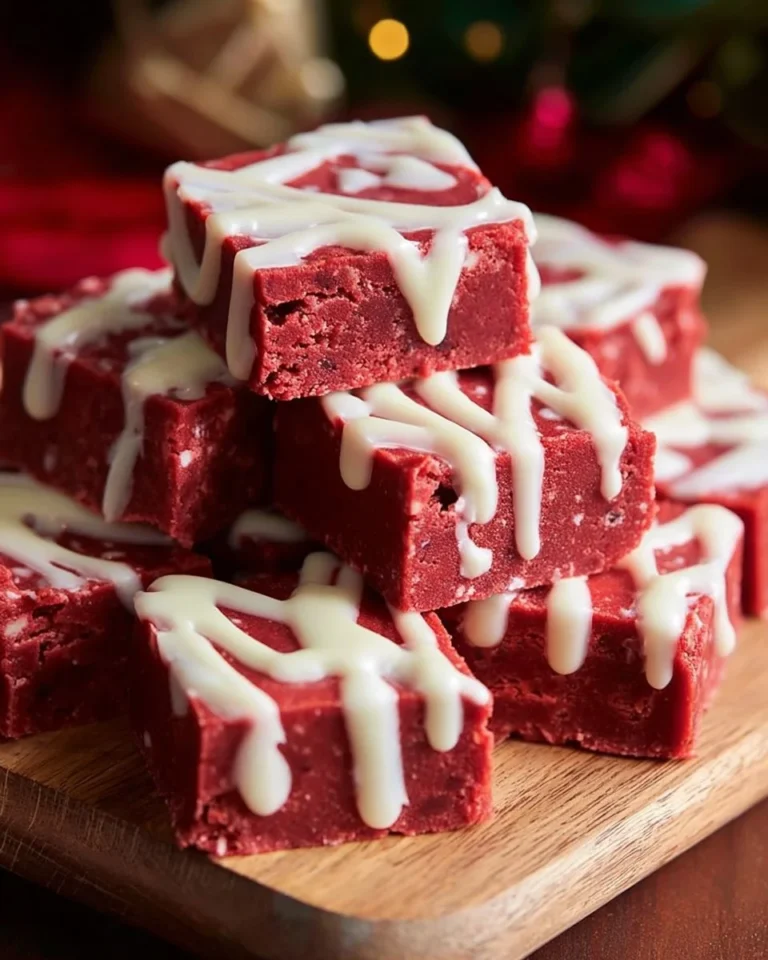 Delicious easy red velvet fudge squares on a decorative plate.