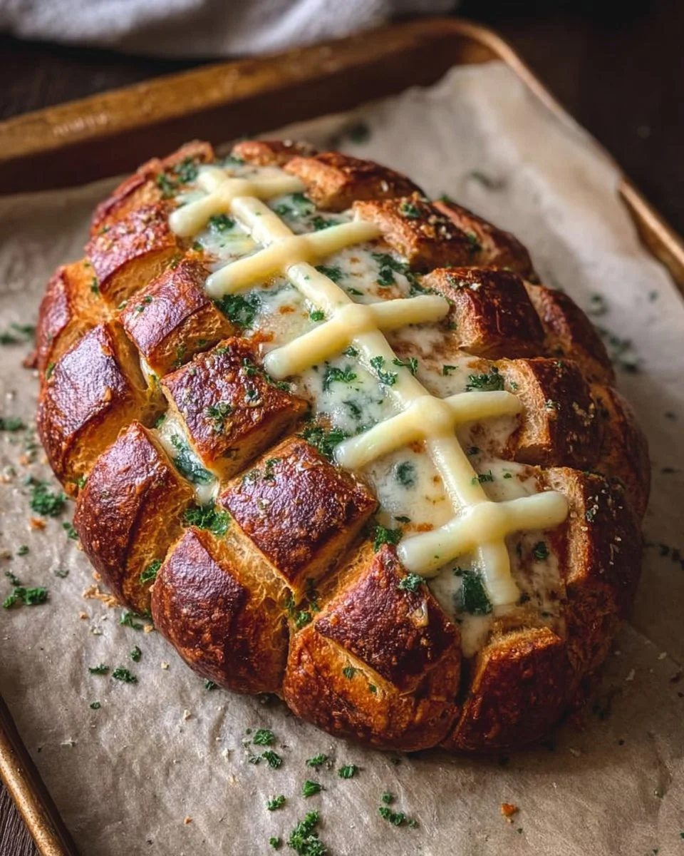 Football shaped cheesy stuffed garlic pull apart bread baked to perfection