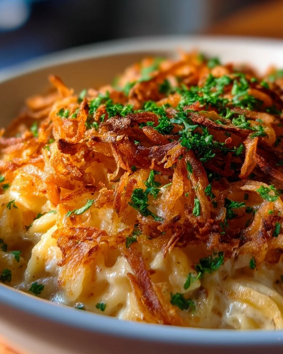 Delicious French Onion Chicken Orzo Casserole served in a dish