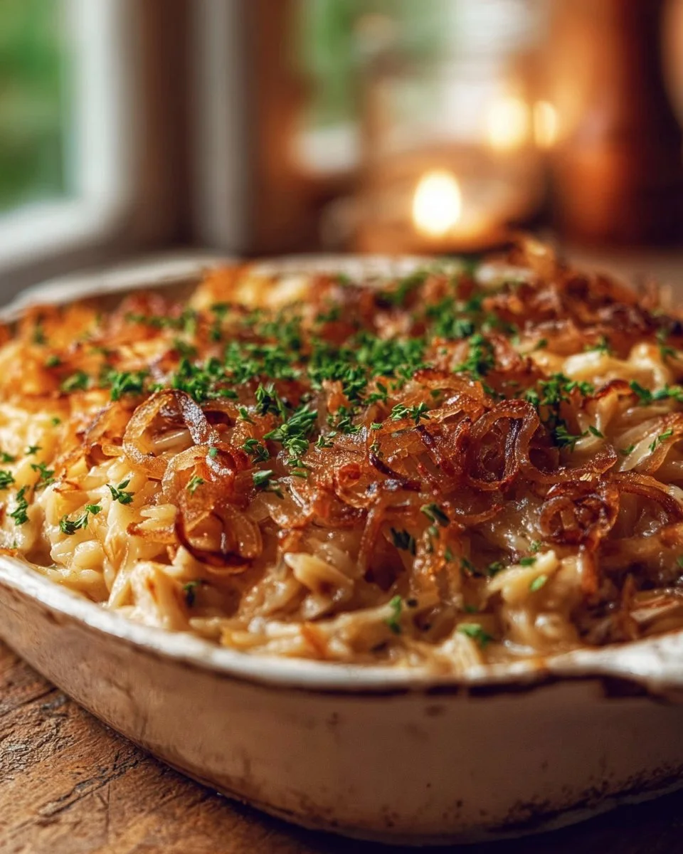 French Onion Chicken Orzo Casserole