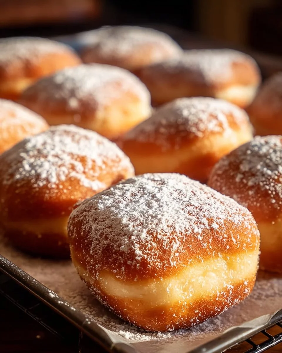 Golden gluten-free beignets dusted with powdered sugar on a plate