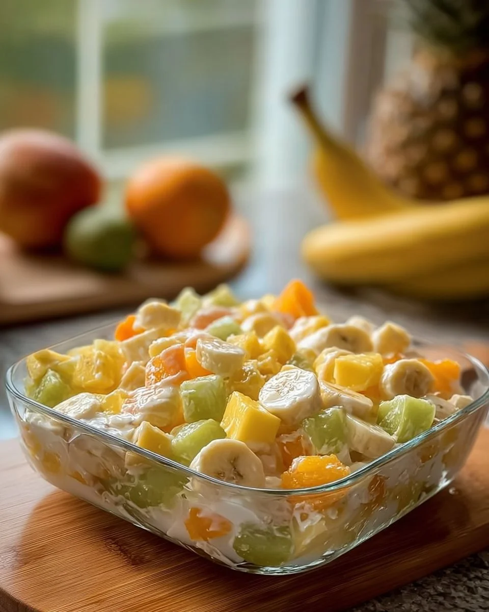 Grandma's creamy tropical fruit salad with vibrant fruits in a bowl