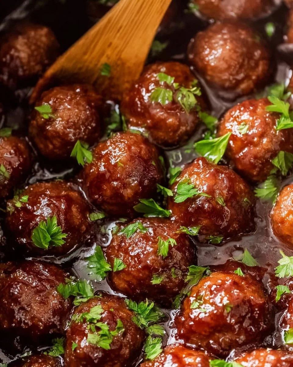 Plate of grape jelly meatballs garnished with herbs
