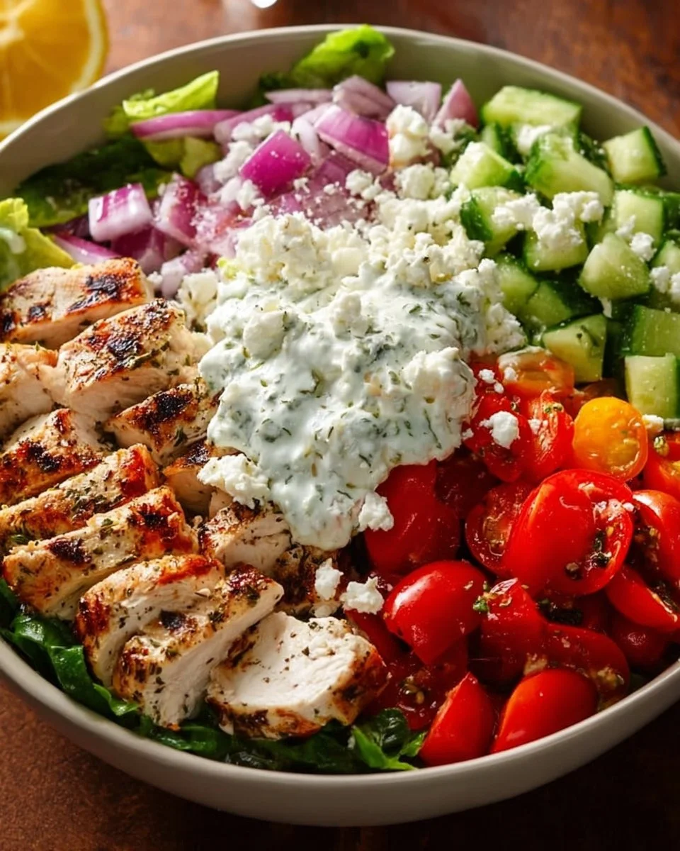 Delicious Greek chicken bowl topped with fresh veggies and feta cheese.