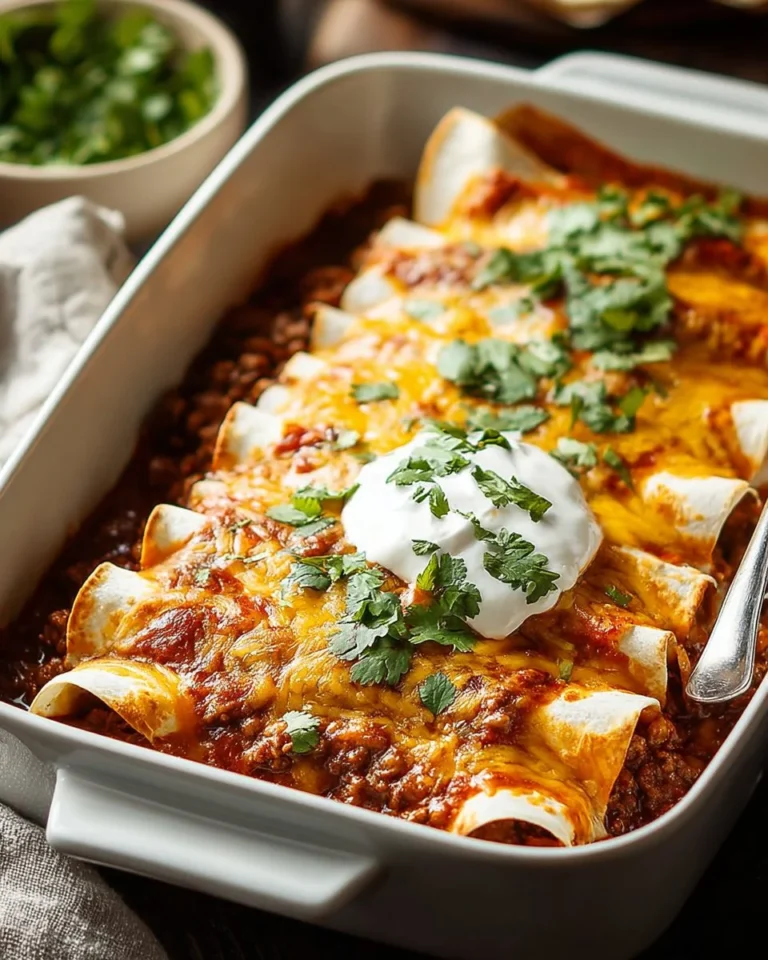 Delicious ground beef enchiladas served on a plate with garnishes.