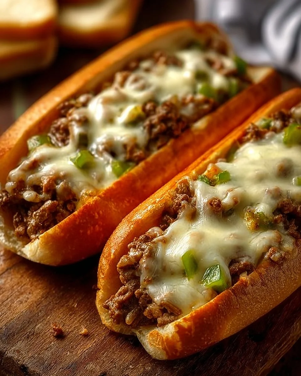 Delicious Ground Beef Philly Cheesesteaks served with melted cheese and toppings