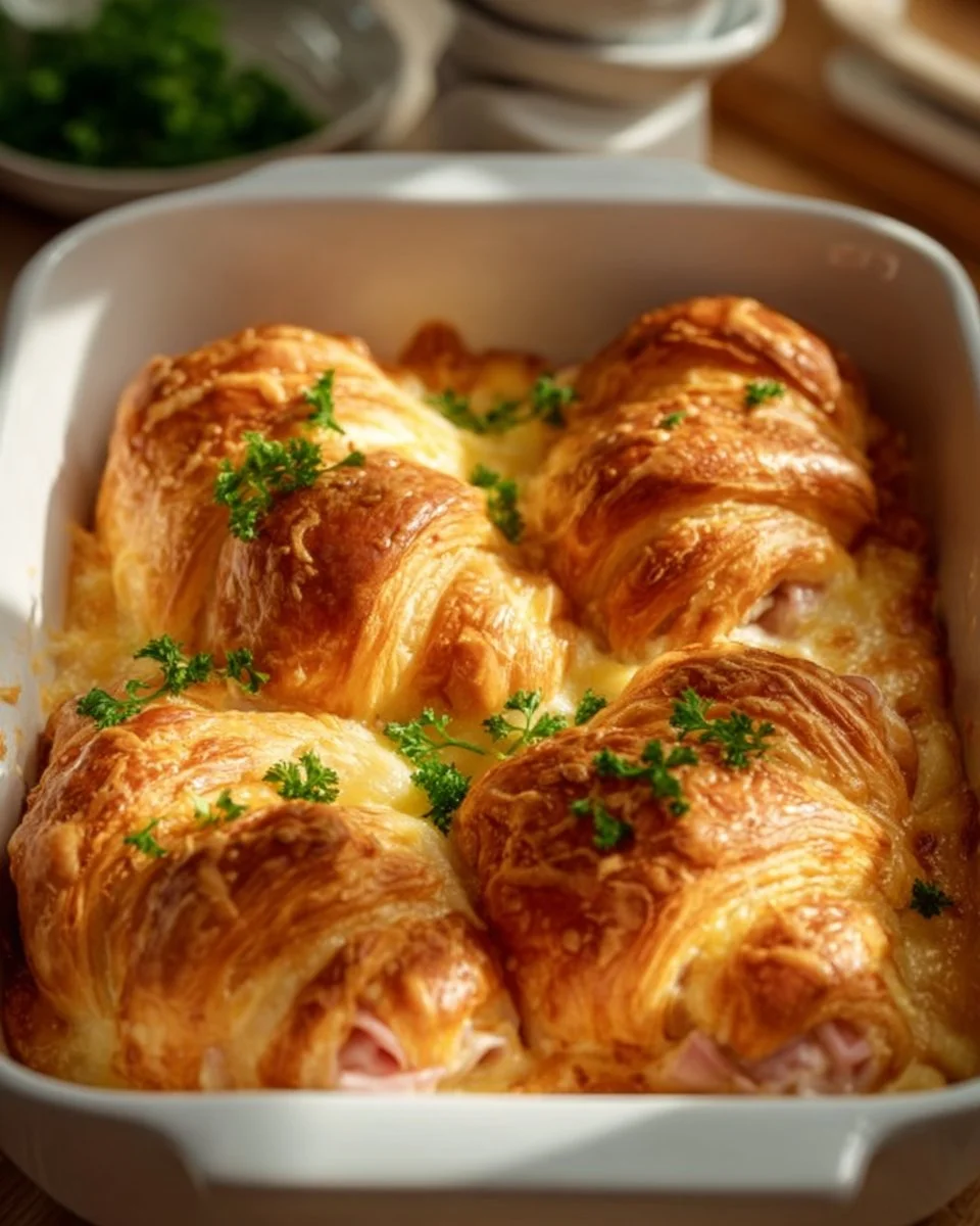 Freshly baked ham and cheese croissants on a wooden table