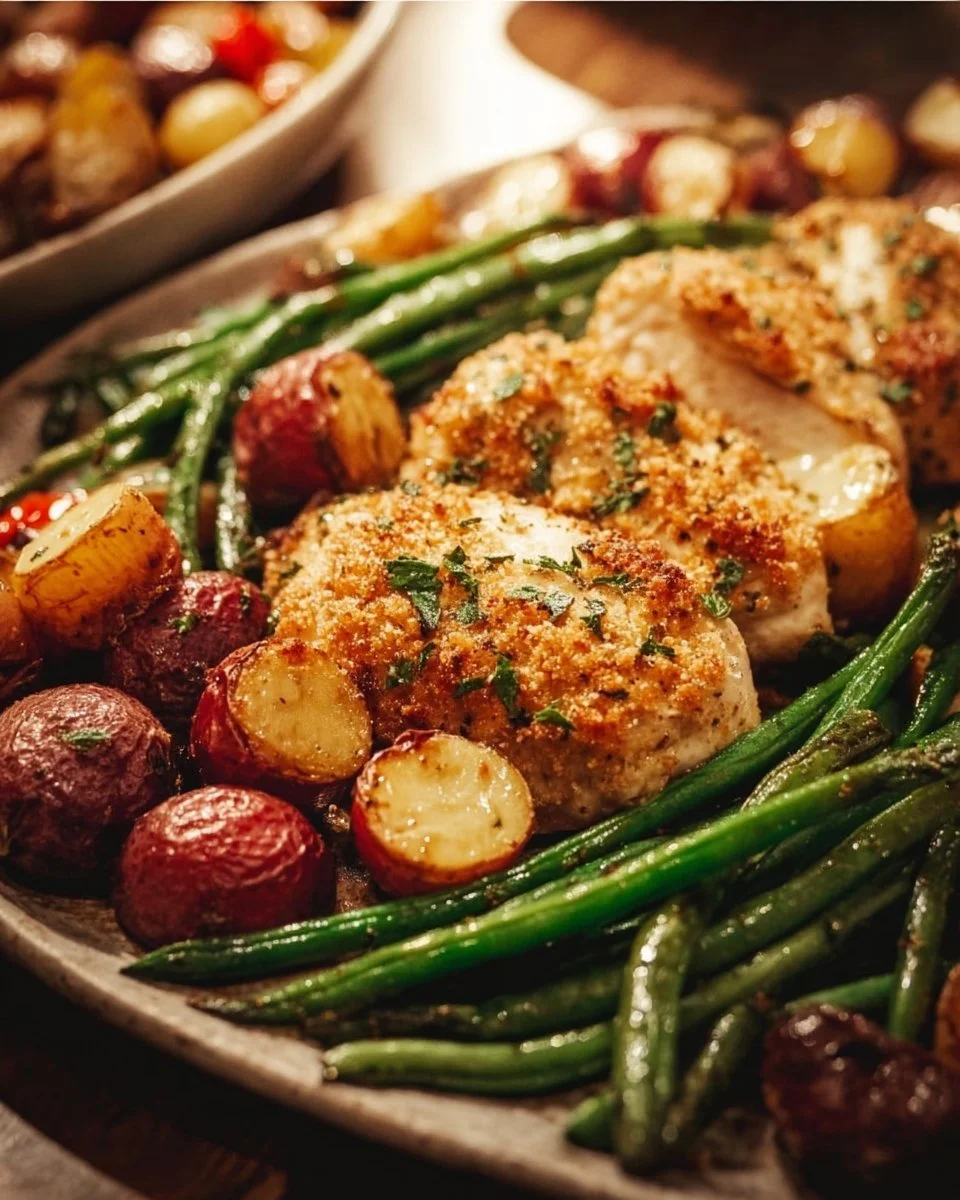 Healthy chicken parmesan topped with roasted vegetables for a nutritious meal